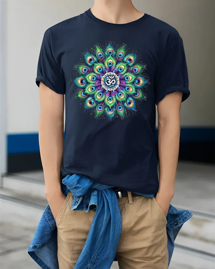 Spiritual Peacock Feather Mandala T-Shirt Om Yoga - model wearing navy shirt, hands in pockets