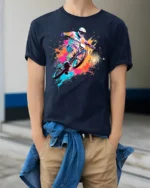 Color Splash Mountain Bike T-Shirt for Adventure Riders - model wearing navy shirt, hands in pockets