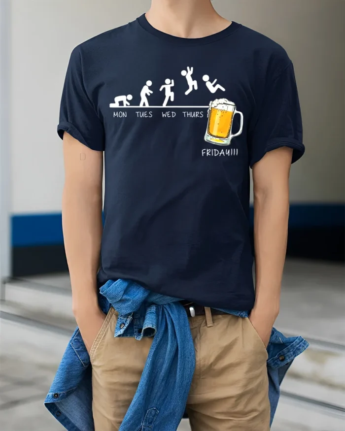 Funny Friday Beer Evolution T-Shirt for Weekend Lovers - model wearing navy shirt, hands in pockets