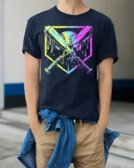 Dripping Neon Baseball Bats Graphic T-Shirt for Players - model wearing navy shirt, hands in pockets