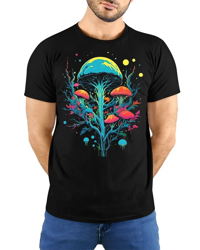 Psychedelic Mushroom Art T-Shirt Trippy Nature Vibes - model wearing black shirt, hands behind back