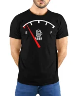 Funny Beer Gauge T-Shirt Low on Beer Fuel Drink - model wearing black shirt, hands behind back