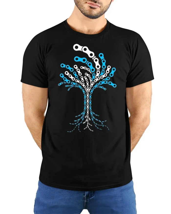 Tree of Life Bike Chain Graphic T-Shirt for Men - model wearing black shirt, hands behind back