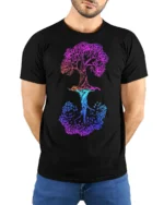 Dual Tree of Life T-Shirt Colorful Nature Graphic Tee - model wearing black shirt, hands behind back