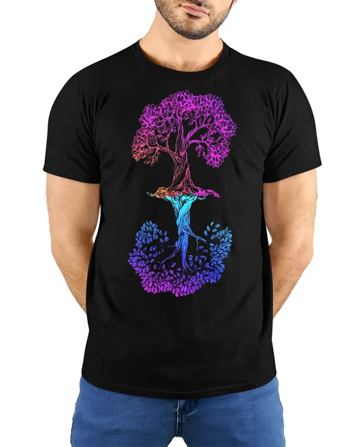 Dual Tree of Life T-Shirt Colorful Nature Graphic Tee - model wearing black shirt, hands behind back