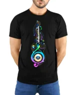 Colorful Music Lover T-Shirt Piano Treble Clef Design - model wearing black shirt, hands behind back