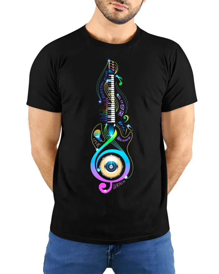 Colorful Music Lover T-Shirt Piano Treble Clef Design - model wearing black shirt, hands behind back