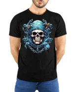 Blue Pirate Skull T-Shirt Gothic Chains Graphic Tee - model wearing black shirt, hands behind back