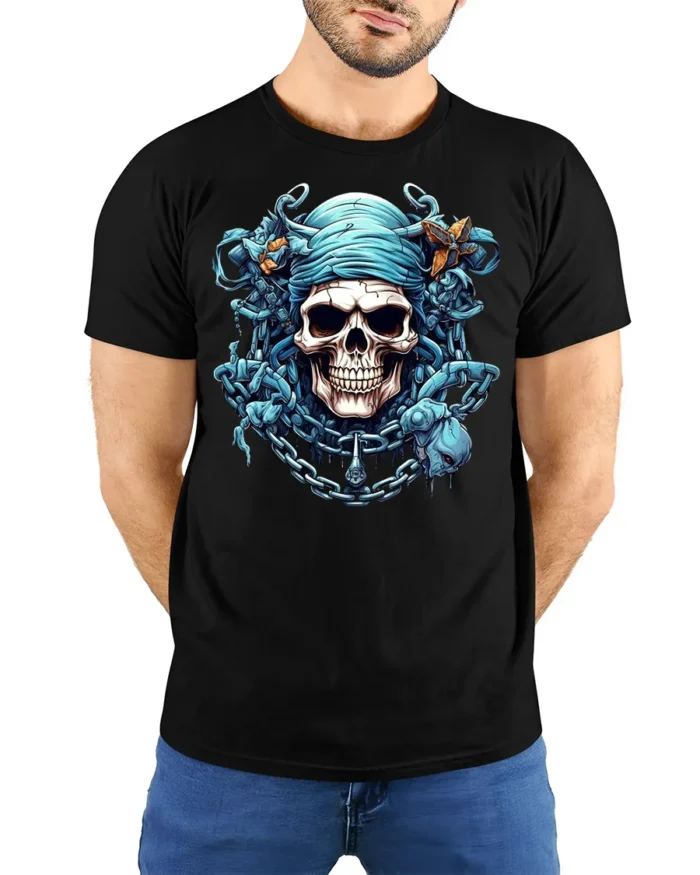 Blue Pirate Skull T-Shirt Gothic Chains Graphic Tee - model wearing black shirt, hands behind back