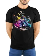 Speed Rider T-Shirt Neon Motorcycle Racing Graphic - model wearing black shirt, hands behind back