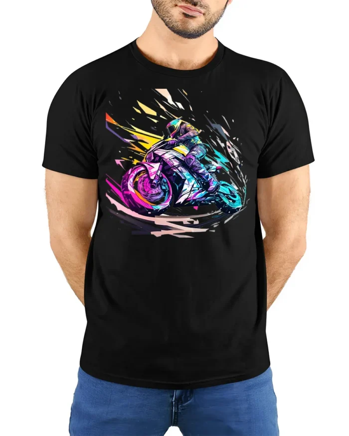 Speed Rider T-Shirt Neon Motorcycle Racing Graphic - model wearing black shirt, hands behind back