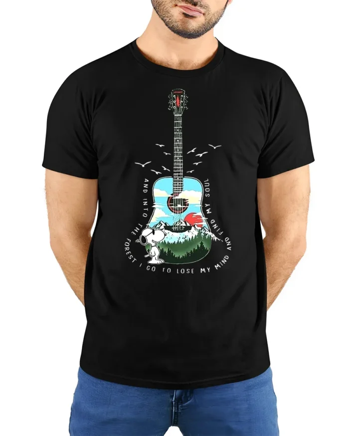 Snoopy Guitar Forest T-Shirt Nature Music Lover Tee - model wearing black shirt, hands behind back