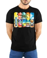 Colorful Summer Beach Vibes T-Shirt Fun Tropical Print - model wearing black shirt, hands behind back