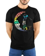 Colorful Golf Swing T-Shirt Retro Rainbow Golfer Tee - model wearing black shirt, hands behind back