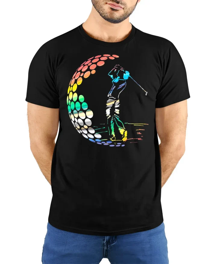 Colorful Golf Swing T-Shirt Retro Rainbow Golfer Tee - model wearing black shirt, hands behind back