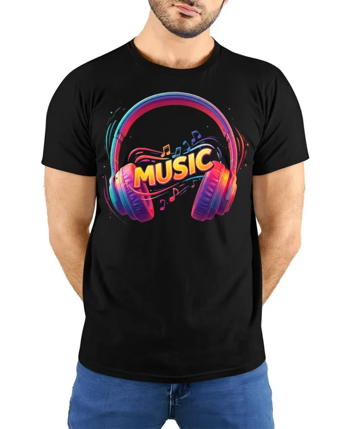 Colorful Music Headphones T-Shirt Vibrant Audio Vibes - model wearing black shirt, hands behind back