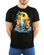 Relax on Beach T-Shirt with Palm Trees and Summer Drink - model wearing black shirt, hands behind back