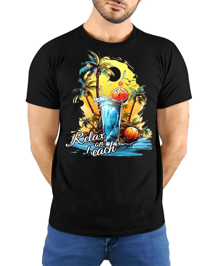 Relax on Beach T-Shirt with Palm Trees and Summer Drink - model wearing black shirt, hands behind back