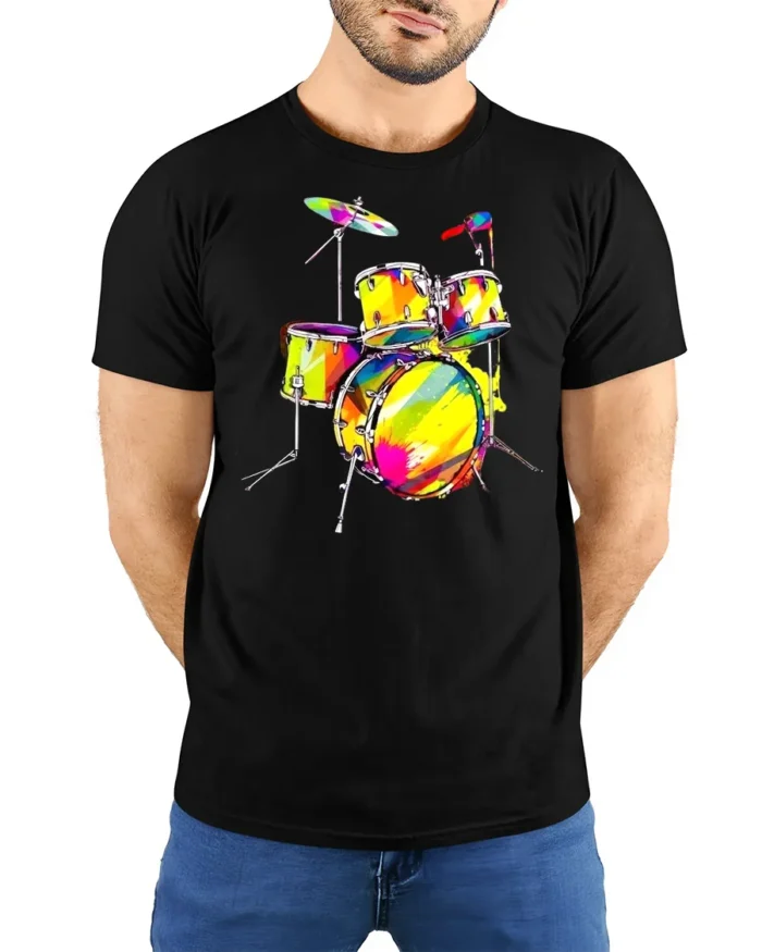 Colorful Drum Kit T-Shirt for Music Lovers and Drummers - model wearing black shirt, hands behind back