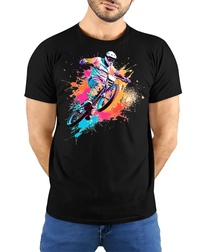 Color Splash Mountain Bike T-Shirt for Adventure Riders - model wearing black shirt, hands behind back