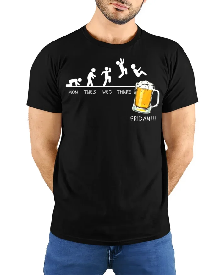 Funny Friday Beer Evolution T-Shirt for Weekend Lovers - model wearing black shirt, hands behind back