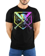 Dripping Neon Baseball Bats Graphic T-Shirt for Players - model wearing black shirt, hands behind back