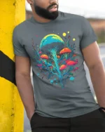 Psychedelic Mushroom Art T-Shirt Trippy Nature Vibes - model in grey shirt leaning against column