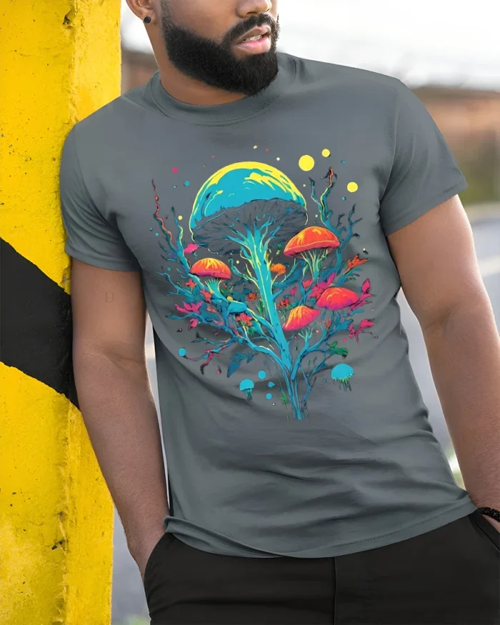 Psychedelic Mushroom Art T-Shirt Trippy Nature Vibes - model in grey shirt leaning against column