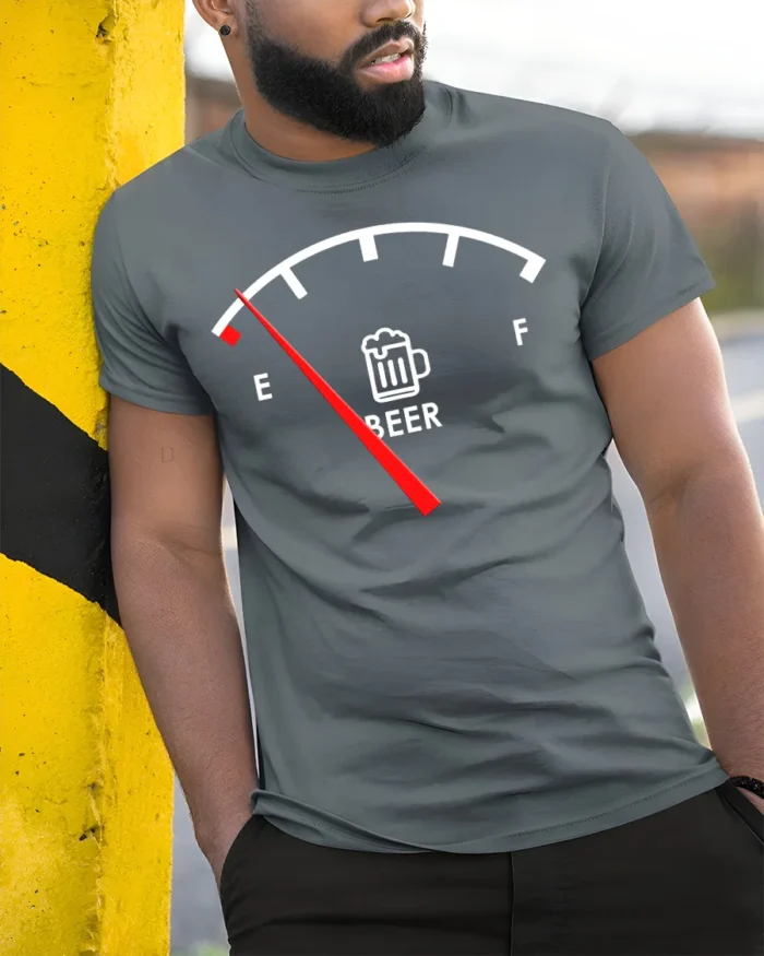Funny Beer Gauge T-Shirt Low on Beer Fuel Drink - model in grey shirt leaning against column