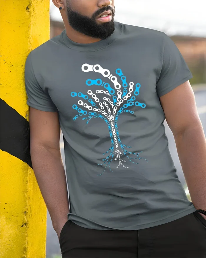 Tree of Life Bike Chain Graphic T-Shirt for Men - model in grey shirt leaning against column