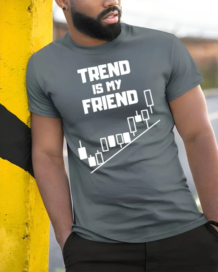 Trend Is My Friend Trading T-Shirt Stock Market - model in grey shirt leaning against column
