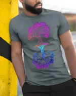 Dual Tree of Life T-Shirt Colorful Nature Graphic Tee - model in grey shirt leaning against column