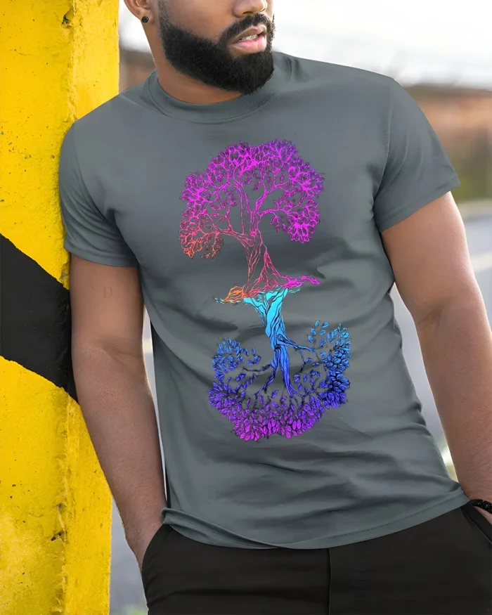 Dual Tree of Life T-Shirt Colorful Nature Graphic Tee - model in grey shirt leaning against column