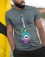 Colorful Music Lover T-Shirt Piano Treble Clef Design - model in grey shirt leaning against column