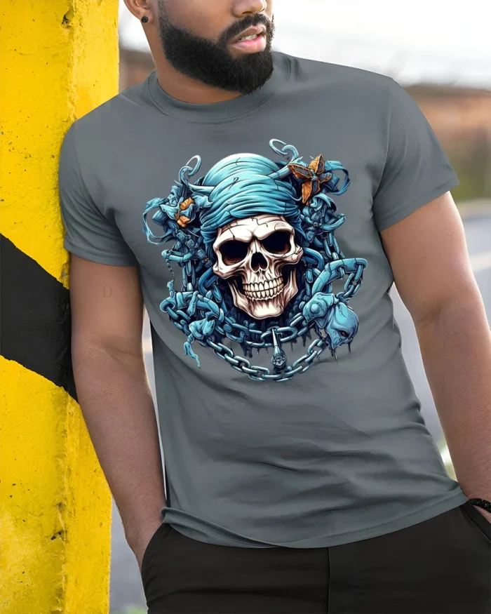 Blue Pirate Skull T-Shirt Gothic Chains Graphic Tee - model in grey shirt leaning against column