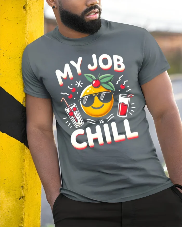 My Job Is Chill T-Shirt Funny Cool Work Graphic Tee - model in grey shirt leaning against column