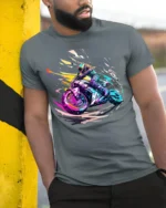 Speed Rider T-Shirt Neon Motorcycle Racing Graphic - model in grey shirt leaning against column