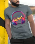 Colorful Music Headphones T-Shirt Vibrant Audio Vibes - model in grey shirt leaning against column