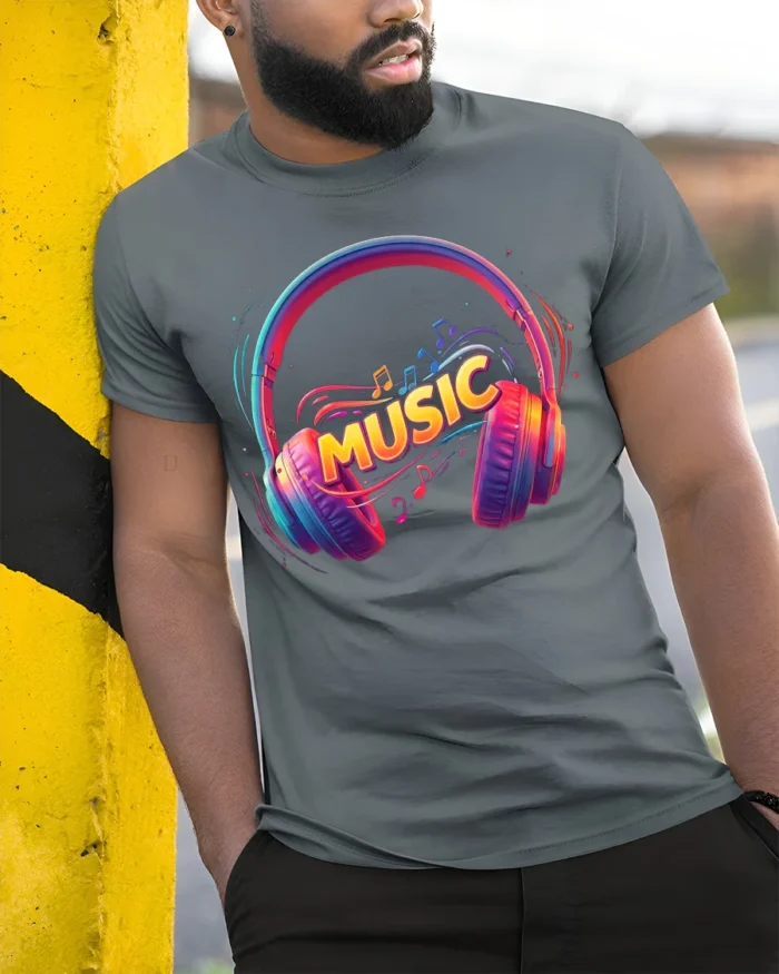Colorful Music Headphones T-Shirt Vibrant Audio Vibes - model in grey shirt leaning against column