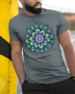 Spiritual Peacock Feather Mandala T-Shirt Om Yoga - model in grey shirt leaning against column