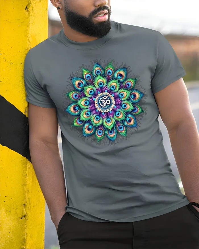 Spiritual Peacock Feather Mandala T-Shirt Om Yoga - model in grey shirt leaning against column