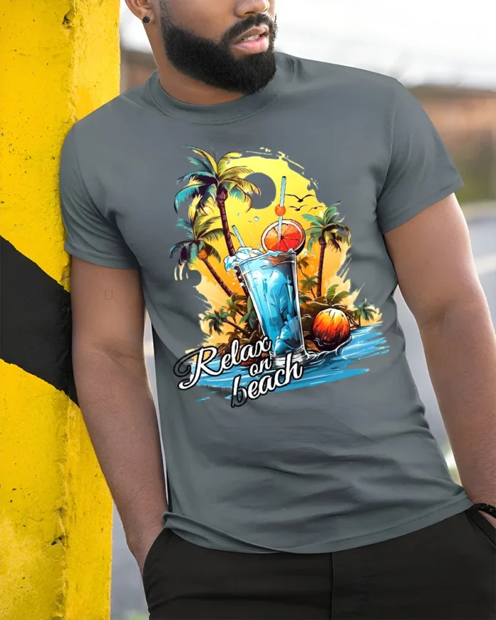 Relax on Beach T-Shirt with Palm Trees and Summer Drink - model in grey shirt leaning against column