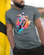 Color Splash Mountain Bike T-Shirt for Adventure Riders - model in grey shirt leaning against column