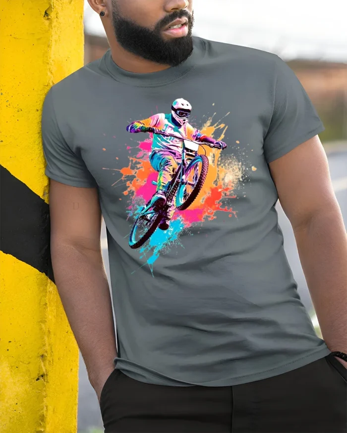 Color Splash Mountain Bike T-Shirt for Adventure Riders - model in grey shirt leaning against column