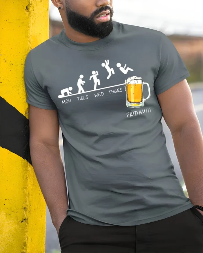 Funny Friday Beer Evolution T-Shirt for Weekend Lovers - model in grey shirt leaning against column