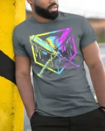 Dripping Neon Baseball Bats Graphic T-Shirt for Players - model in grey shirt leaning against column