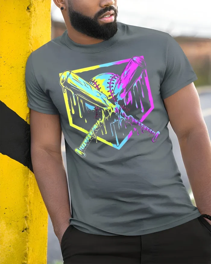 Dripping Neon Baseball Bats Graphic T-Shirt for Players - model in grey shirt leaning against column