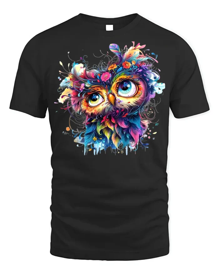 Colorful Owl Art T-Shirt Psychedelic Vibe on Soft Cotton - black t-shirt on white background
