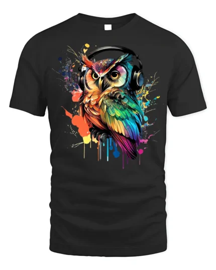 DJ Owl T-Shirt Colorful Headphones Bird for Music Fans - black t-shirt on white background