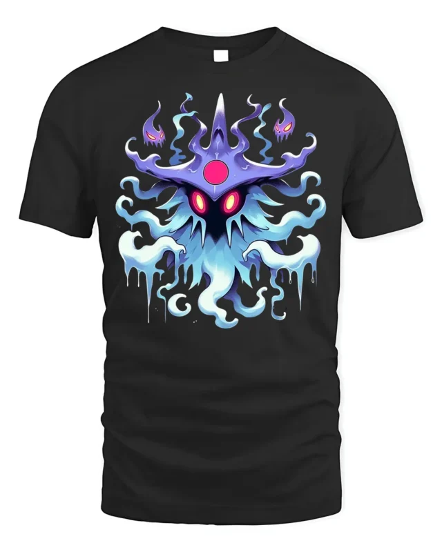 Mystic Spirit Monster T-Shirt Glow in Dark Look Ghost Tee - black t-shirt on white background